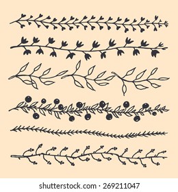 Vector set of hand drawn floral borders. Beautiful design elements.