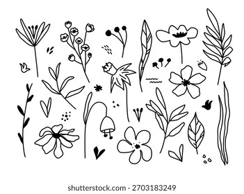 Vektorgrafik von handgezeichneten Blumendoodles, Blättern und Blumen in schwarzen Linien auf weiß. Minimalistische Umrisselemente für kreative Designprojekte, Hochzeit, Einladungen, Karten, Muster, Drucke, 