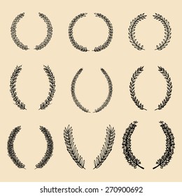 Vector set of hand drawn floral laurels and wreaths.