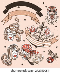 vector set of hand drawn floral elements, ribbons and vintage pirate skulls