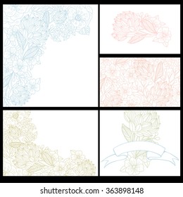 vector set of hand drawn floral cards with linear flowers for wedding design, invitations and cards 