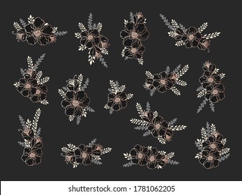 Vector set of hand drawn flowers and floral elements. Decorative collection. Gold and black image.