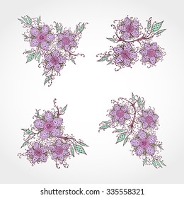 Vector set of hand drawn flowers and branches with leaves. In violet colors.