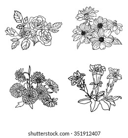 Vector set of hand drawn of flowers roses, gentian, asters and dahlias isolated on white background. Outline flowers are element for design. Hand-drawn contour lines.