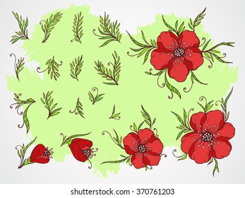 Vector set of hand drawn flowers, branches and leaves on textured background. In red and green colors.
