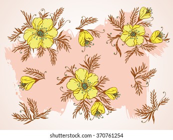 Vector set of hand drawn flowers, branches and leaves on textured background. In yellow and beige colors.