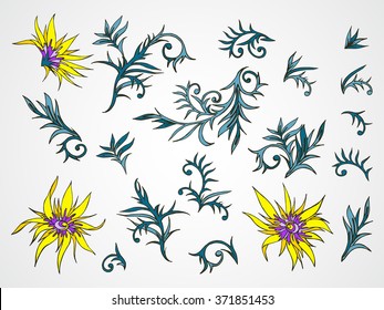 Vector set of hand drawn flowers, branches and leaves. In blue and yellow colors.