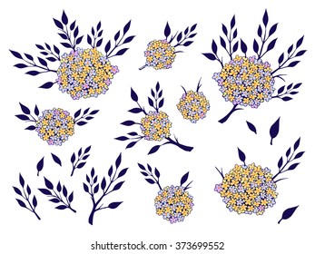 Vector set of hand drawn flowers, branches and leaves. In blue and yellow colors.