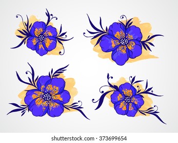 Vector set of hand drawn flowers, branches and leaves with textured watercolor element. In blue and yellow colors.