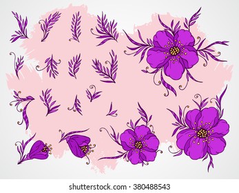 Vector set of hand drawn flowers, branches and leaves on textured background. In violet colors.