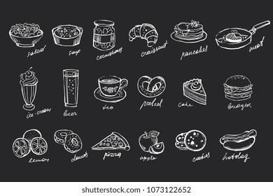 Vector set of hand drawn food and drinks on black chalkboard. Salad, soup, canned cucumbers, sweet desserts, fast food, fruits and beverages