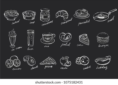 Vector set of hand drawn food and drinks on black chalkboard. Salad, soup, canned cucumbers, sweet desserts, fast food, fruits and beverages