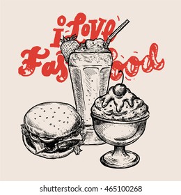 Vector set of hand drawn food. Milkshake, hamburger and ice cream on beige background. Fast Food poster for your designs: t-shirts, posters, invitations, cards, etc.
Classic retro style.
