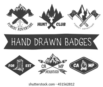 Vector set of hand drawn forest camp labels in vintage style. Design elements, icons, logo, emblems and badges isolated on white background. Logotype template illustration with forest and mountains.