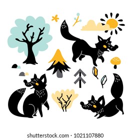 vector set of hand drawn foxes and forest objects
