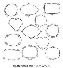 Vector set of hand drawn frames  in graphic style. Collection of isolated hearts, circles etc. For packaging templates, labels, tags or stamps and badges, cards invitations stickers, banner, branding.