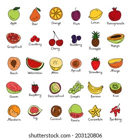 Vector Set Of Hand Drawn Fruit And Berries Icons