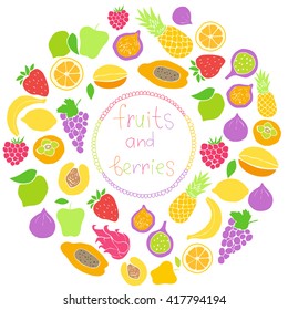 Vector set of hand drawn fruit and berries icons. Doodle set of different fruits and berries. Healthy food. Exotic fruits. Collection of fruits and berries. Colored silhouettes of fruit in round shape
