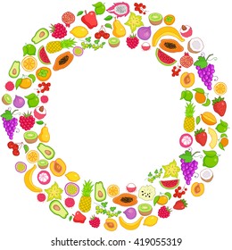 Vector set of hand drawn fruit and berries icons. Doodle set of different colored cut fruits and berries. Healthy food. Exotic fruits. Collection of fruits and berries in round frame 