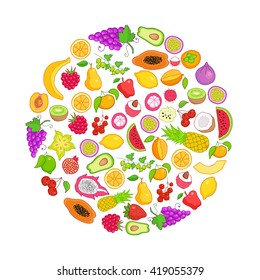 Vector set of hand drawn fruit and berries icons. Doodle set of different colored cut fruits and berries. Healthy food. Exotic fruits. Collection of fruits and berries in round frame 