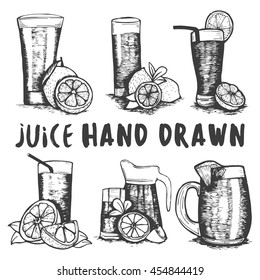 Vector set of hand drawn fruit  juice glass sketch. Cocktails and alcohol drinks.