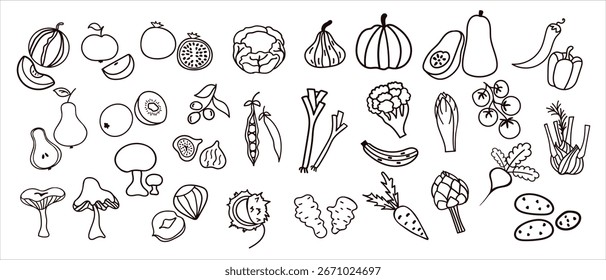 Vector Set of hand drawn fruits and vegetables line art icons. Black outline food illustration set, perfect for healthy eating, organic market, packaging, and kitchen design.