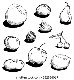 Vector set of hand drawn fruits. Apple, cherry, lemon, strawberry, orange, plum, peach, pear.