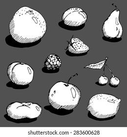 Vector set of hand drawn fruits. Apple, cherry, lemon, strawberry, orange, plum, peach, pear.