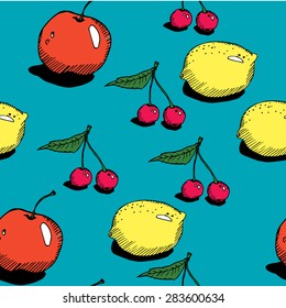 Vector set of hand drawn fruits. Seamless lemon cherry and apples pattern, bright background with colorful fruits and berries on it.