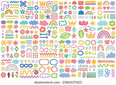 Vector set of hand drawn fun colorful shapes, rainbows, shapes, flowers