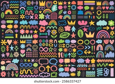 Vector set of hand drawn fun colorful shapes, rainbows, shapes, flowers
