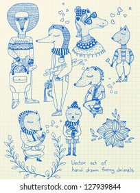 vector set of hand drawn funny animals