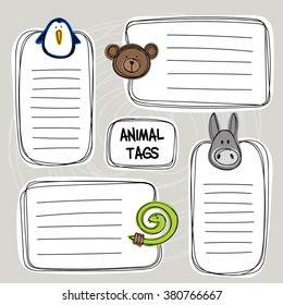 Vector set of hand drawn funny doodle tags with animals, sketch style. Good for children's stuff, invitations, stationery.