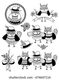 vector set of hand drawn funny owls