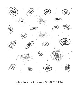 Vector set of hand drawn galaxy. Spiral galaxy, elliptical galaxy, irregular nebula. Space sign