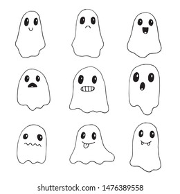 Vector set of hand drawn ghosts. Halloween scary ghostly monsters. Cute cartoon spooky characters on white background