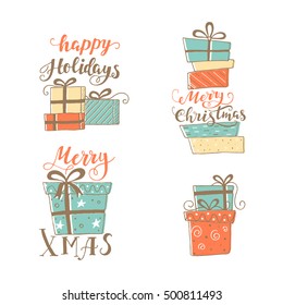 Vector set of hand drawn gifts and  Holiday calligraphy. Christmas design element. Vector clipart. New Year decoration.