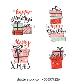 Vector set of hand drawn gifts and  Holiday calligraphy. Christmas design element. Vector clipart. New Year and Christmas decoration.