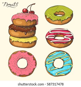 Vector Set of hand drawn glazed colored donuts. Desert. Sweet life. Sketch. 