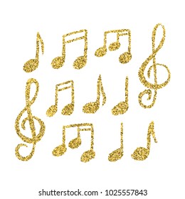 Vector set of hand drawn golden glitter music notes. Cartoon music note icon.