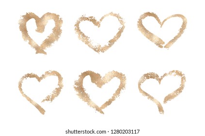 Vector set of hand drawn golden heart shapes isolated on white background.
