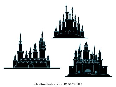 Vector set with hand drawn gothic castles, blue and black colors