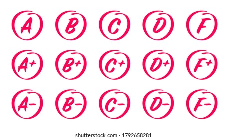 Vector set of Hand drawn grade results. Grades with circles, pluses and minuses. Exam results, letters and plus grades marks in red circle. Exam marks