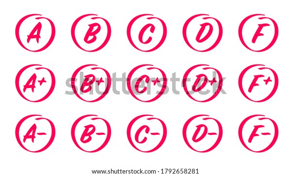 Vector set of Hand drawn grade results. Grades\
with circles, pluses and minuses. Exam results, letters and plus\
grades marks in red circle. Exam\
marks