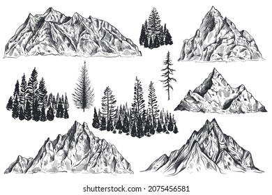 Conjunto vectorial de cordilleras gráficas dibujadas a mano y bosque de pinos. El paisaje natural. Camping al aire libre en blanco y negro.