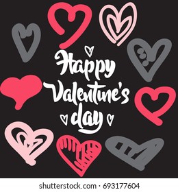 Vector set of hand drawn graphic color hearts and Happy Valentine's Day lettering on background.