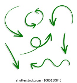 Vector Set of Hand Drawn Green Arrows with Shadows, Freehand Drawings.
