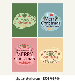 Vector set of hand drawn of greeting cards. Great print for invitations, posters, tags. Merry Christmas. Eat, drink and be merry.Festive banners in flat cartoon style, vintage colors