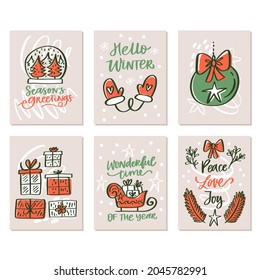 Juego vectorial de tarjetas de felicitación de mano. Gran impresión para invitaciones, afiches, etiquetas. Paz Amor Alegría. Saludos de temporada. Hola invierno. Banderas festivas en estilo doodle, colores vintage