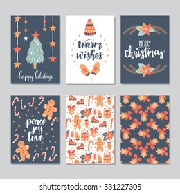 Vector set of hand drawn of greeting cards. Great print for invitations, posters, tags. Merry Christmas. Peace Joy Love. Happy holidays. Festive banners in flat cartoon style, vintage colors